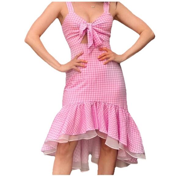 New BCBGeneration Dress XS Gingham Pink White Bow Ruffles Cut Out Summer Barbie - Picture 1 of 15